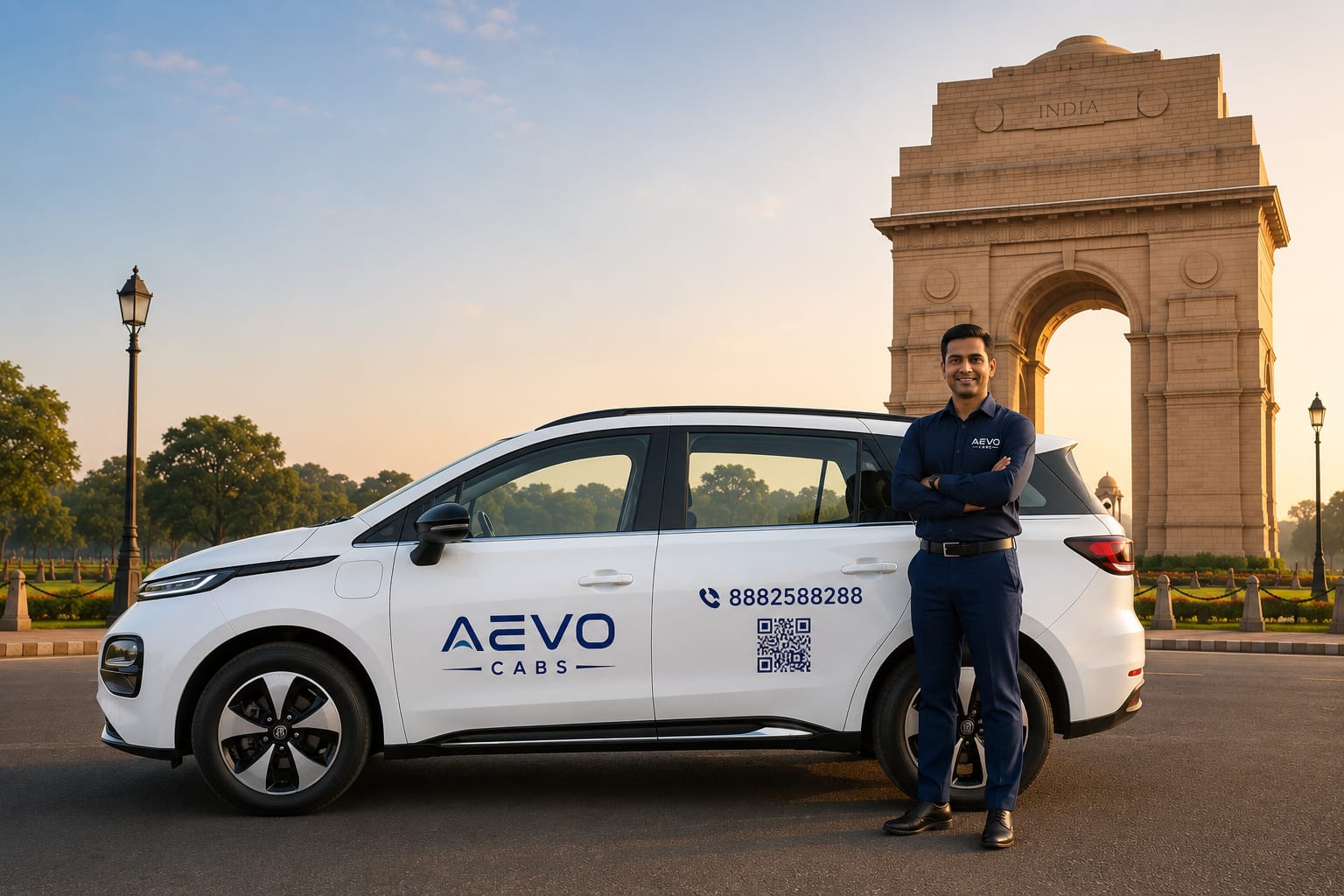 AEVO CABS chauffeur with a premium company-owned cab at India Gate, Delhi NCR
