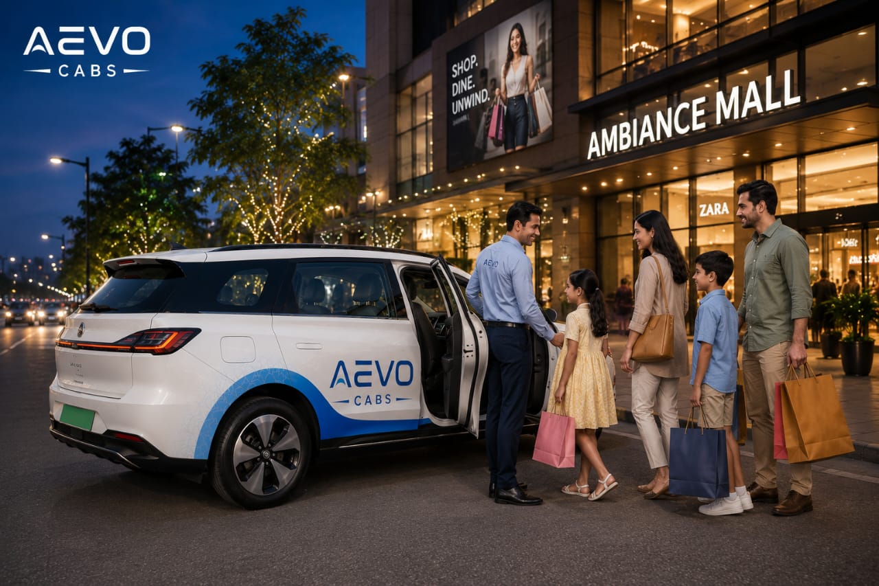 AEVO CABS city ride — family boarding a branded cab outside Ambiance Mall at night