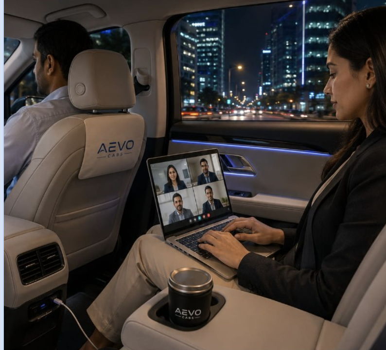 AEVO CABS corporate travel — executive working on a video call in a branded premium cabin at night