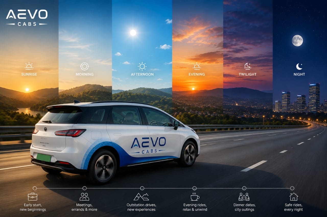 AEVO CABS hourly rental — branded premium SUV on a highway through sunrise to night