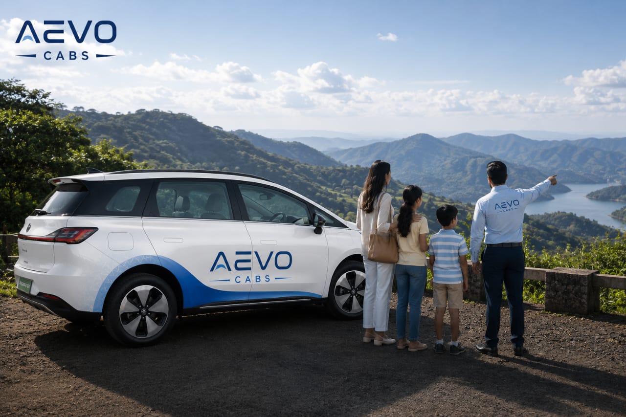 AEVO CABS outstation trip — family and chauffeur at a scenic mountain viewpoint